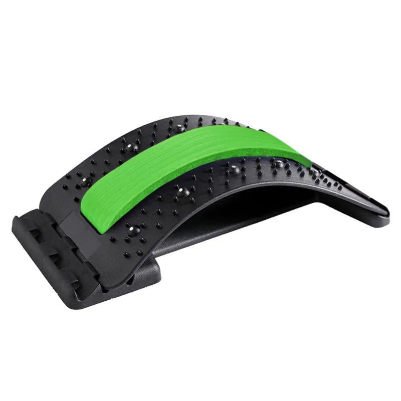Adjustable back massager and lumbar stretcher in black and colour options, showing massage points.
