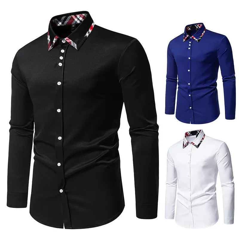 Men's blue plaid contrast long-sleeve shirt with a triangle collar, laid flat.