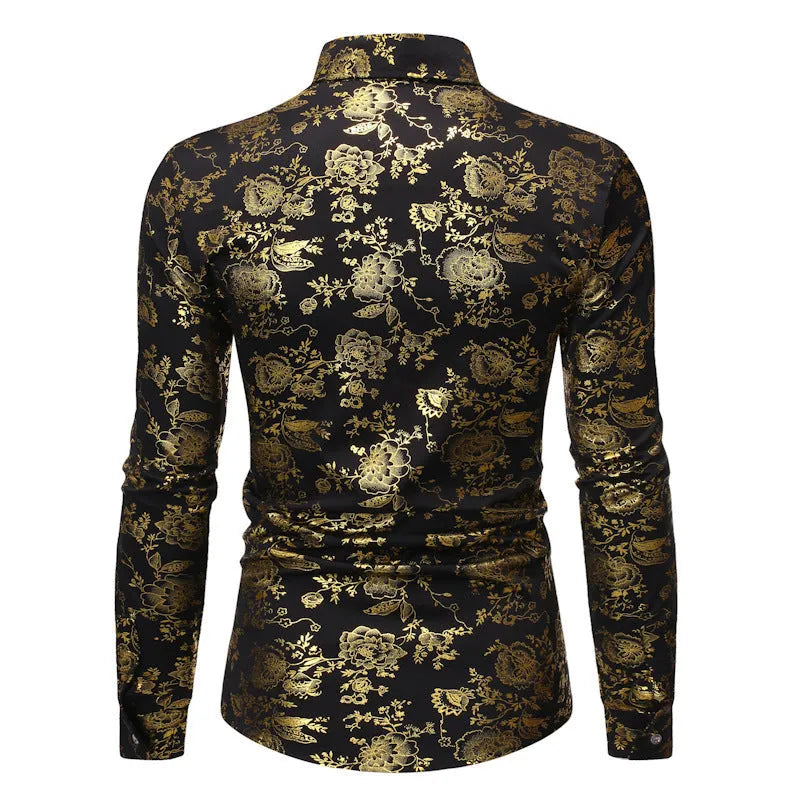 Men's casual cardigan-style shirt with a metal bronzing printed lapel, available in multiple colours.