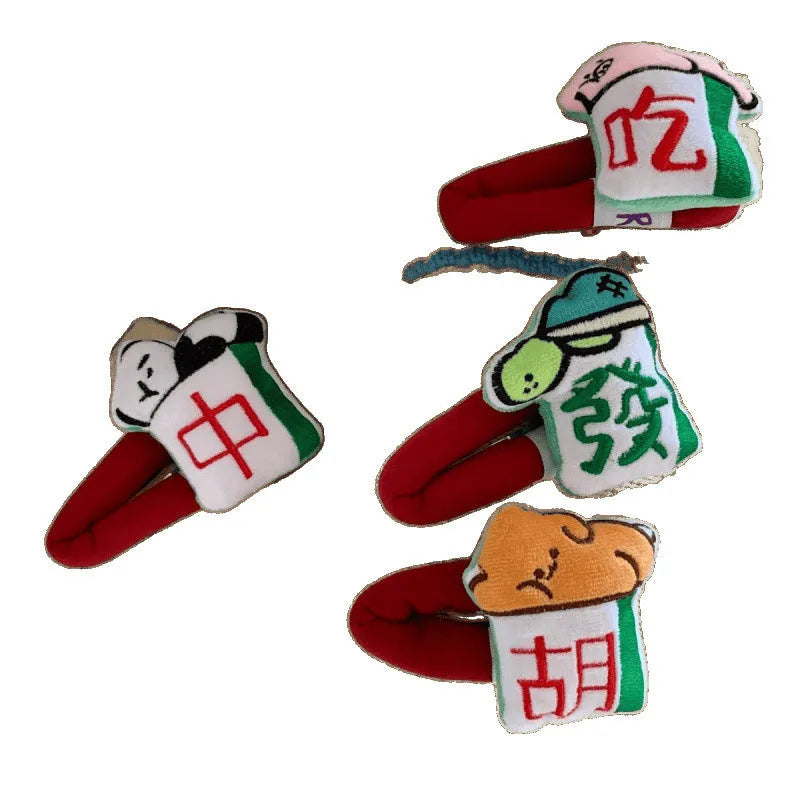 Cartoon doll sponge bang hairpin with retro New Year mahjong Chinese character design