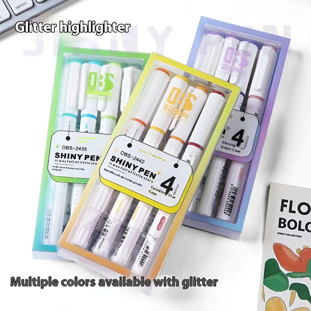 Set of four glitter fluorescent highlighter pens with slanted tips shown in assorted colours.