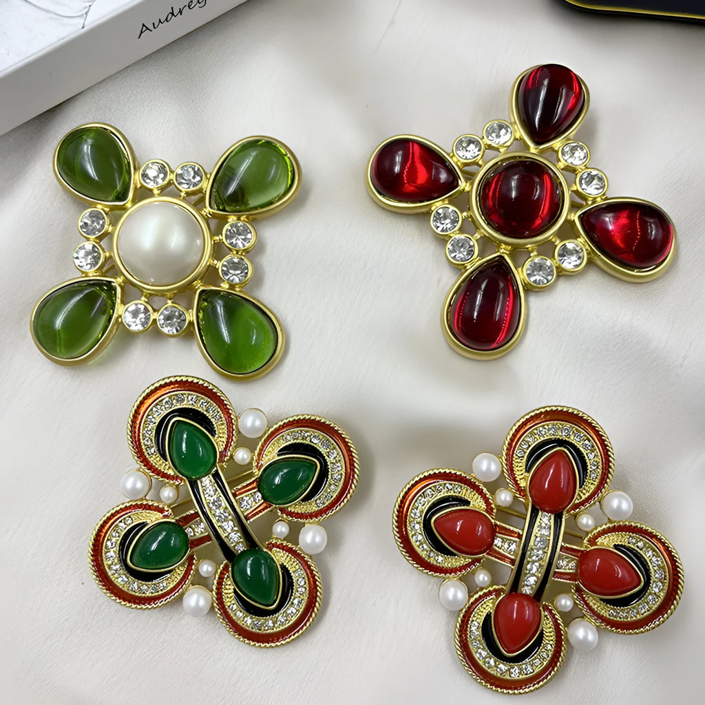 Medieval baroque cross crystal brooch in zinc alloy showing eight colour variations