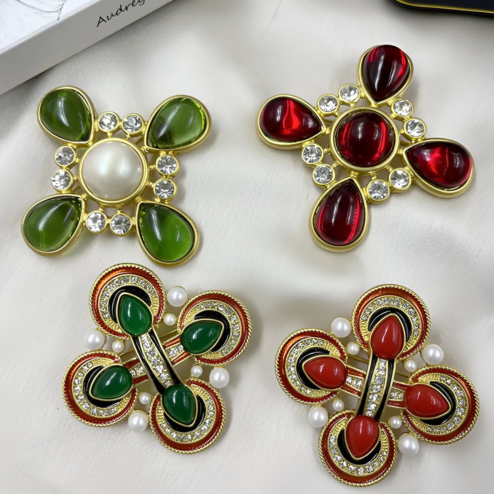 Medieval baroque cross crystal brooch in zinc alloy showing eight colour variations