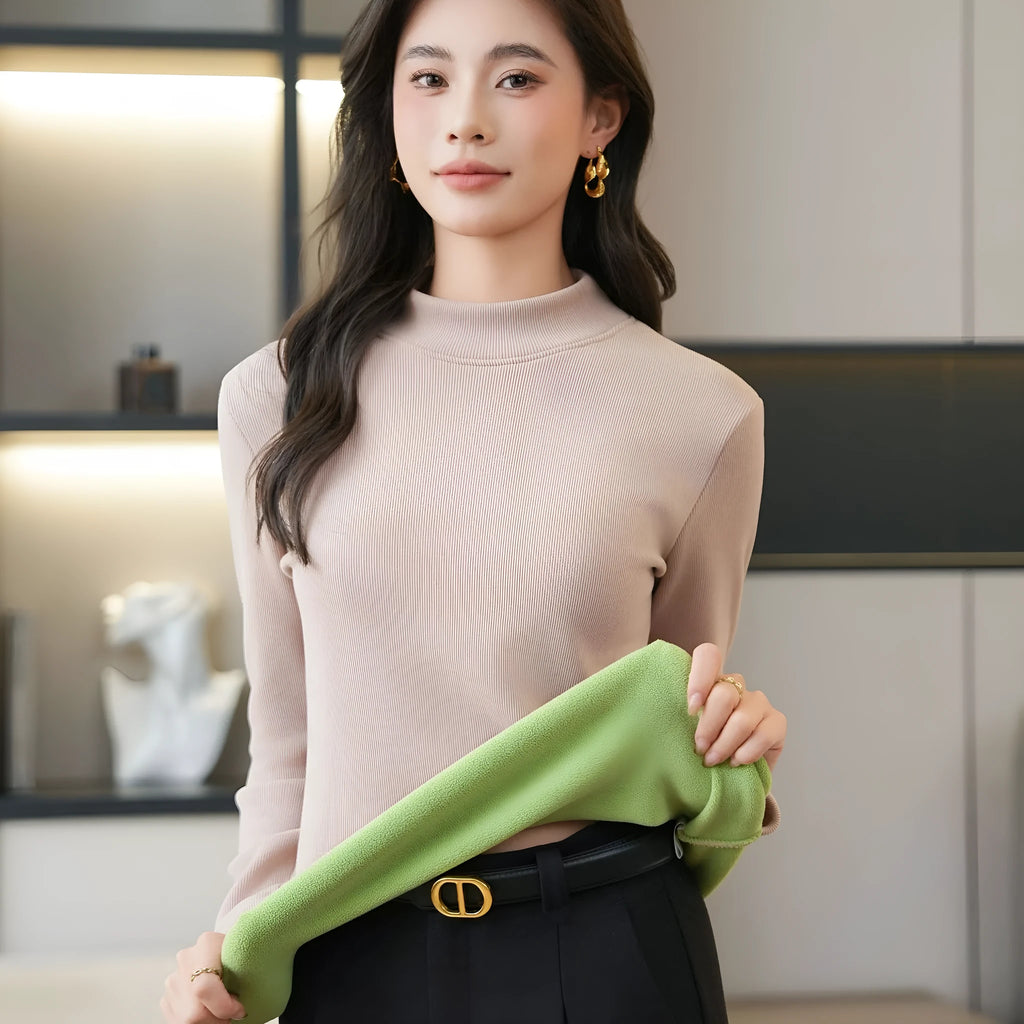 Women's fleece-lined half high-necked long sleeve bottoming shirt in black on model