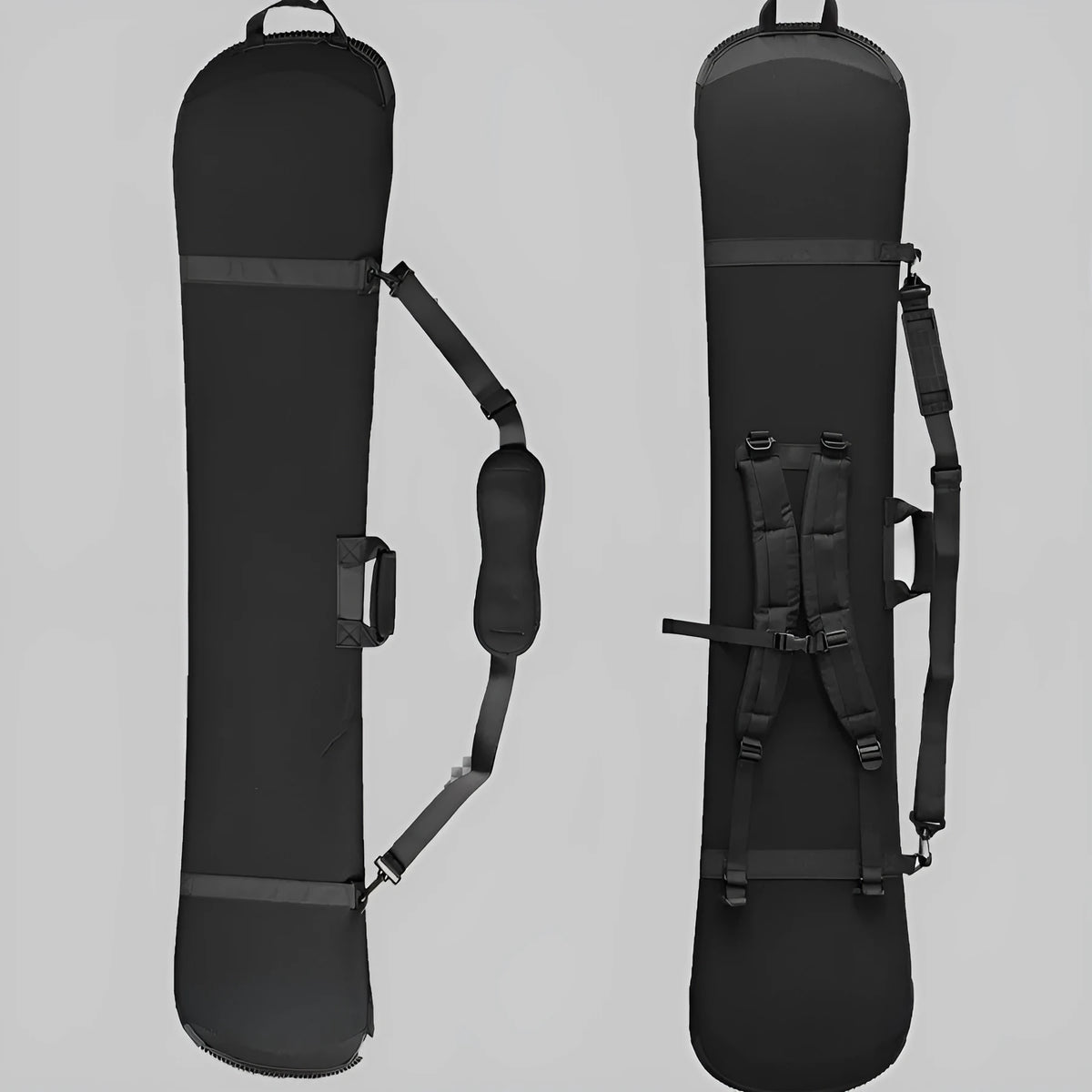 Black double shoulder ski board bag with Velcro veneer fastening, 138cm length, for ski and snowboard carry