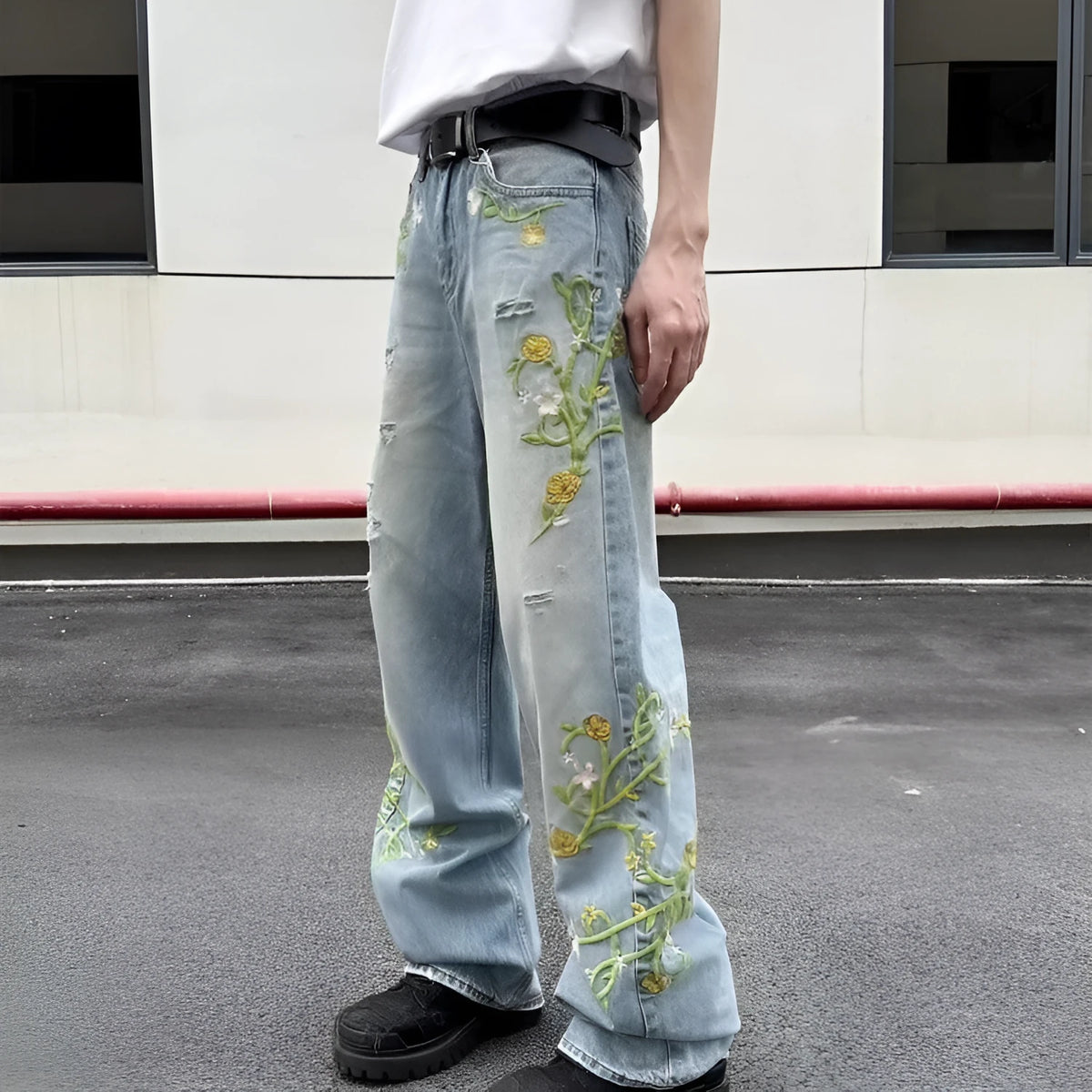 High street casual wide leg denim trousers in blue, mid waist zip fly style, straight leg cut