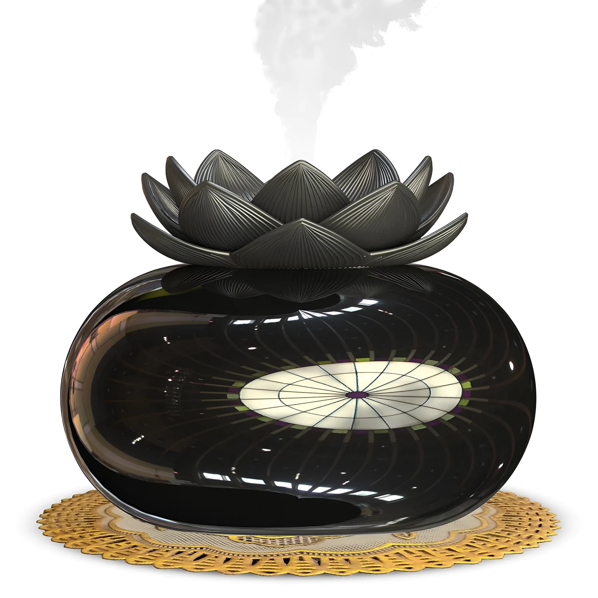 Round pure black lotus aromatherapy ultrasonic humidifier with USB cable.