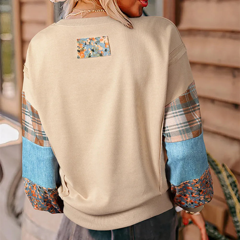 Women's casual loose top with striped plaid pattern, long sleeves, and Japanese Korean styling in beige colour