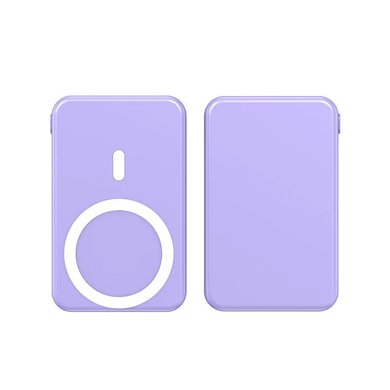 Ultra-thin portable power bank with wireless magnetic charging in white, black, or blue colour options