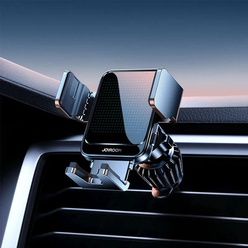 Black car wireless charging bracket mounted on air vent with automatic opening mechanism