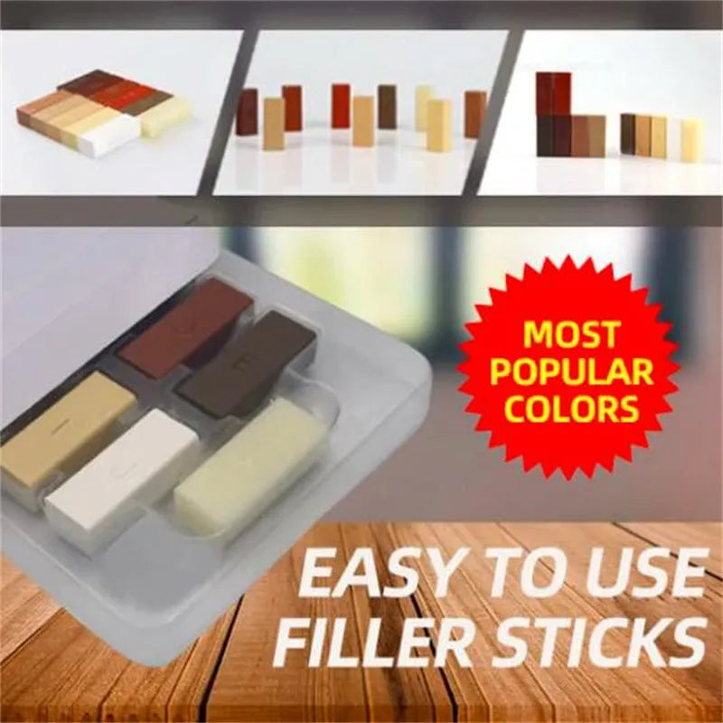 Floor repair tool set with red handle and colour wax sticks for DIY tile scratch repair