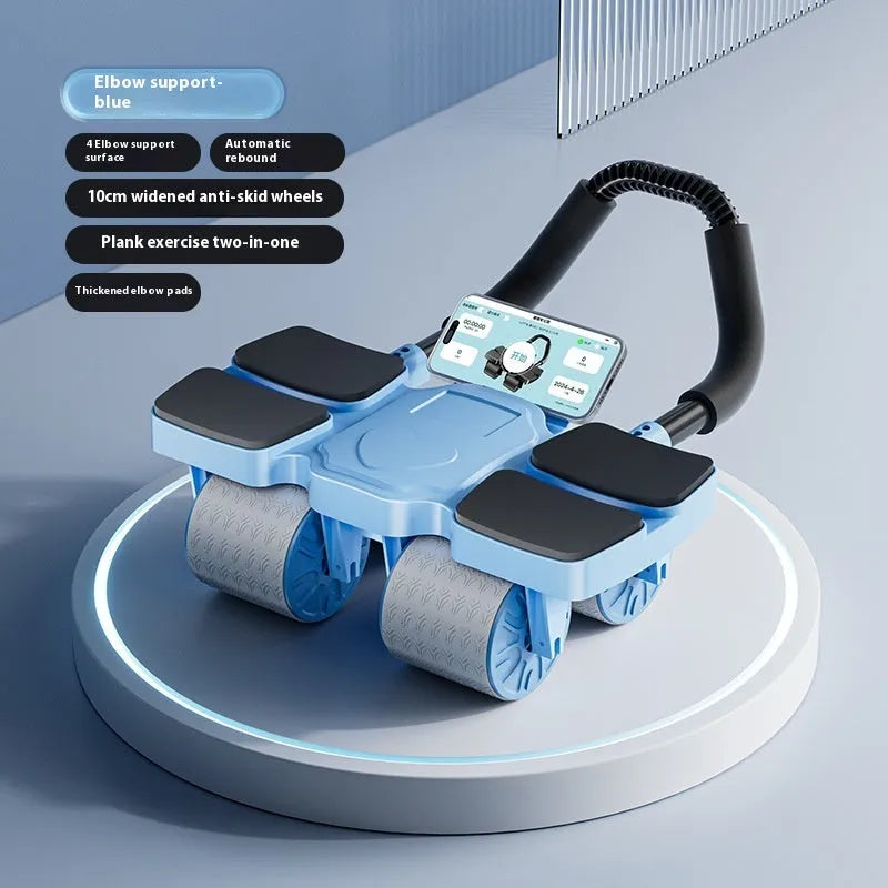 Black abdominal wheel with automatic rebound, four blue wheels, and ergonomic rubber handles on a gym mat.