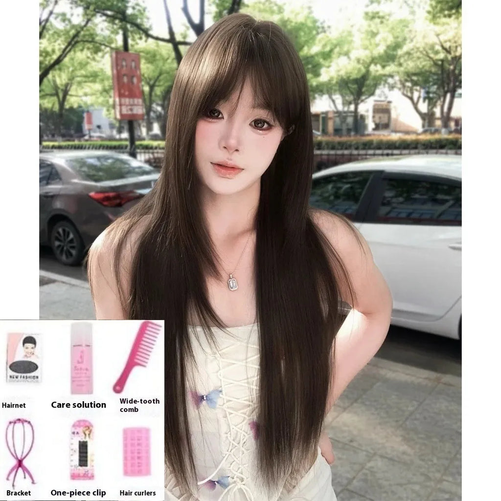 Brown black ladies wig with built-in hair net, seven-piece high-temperature fibre construction