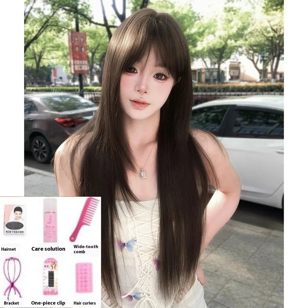Brown black ladies wig with built-in hair net, seven-piece high-temperature fibre construction
