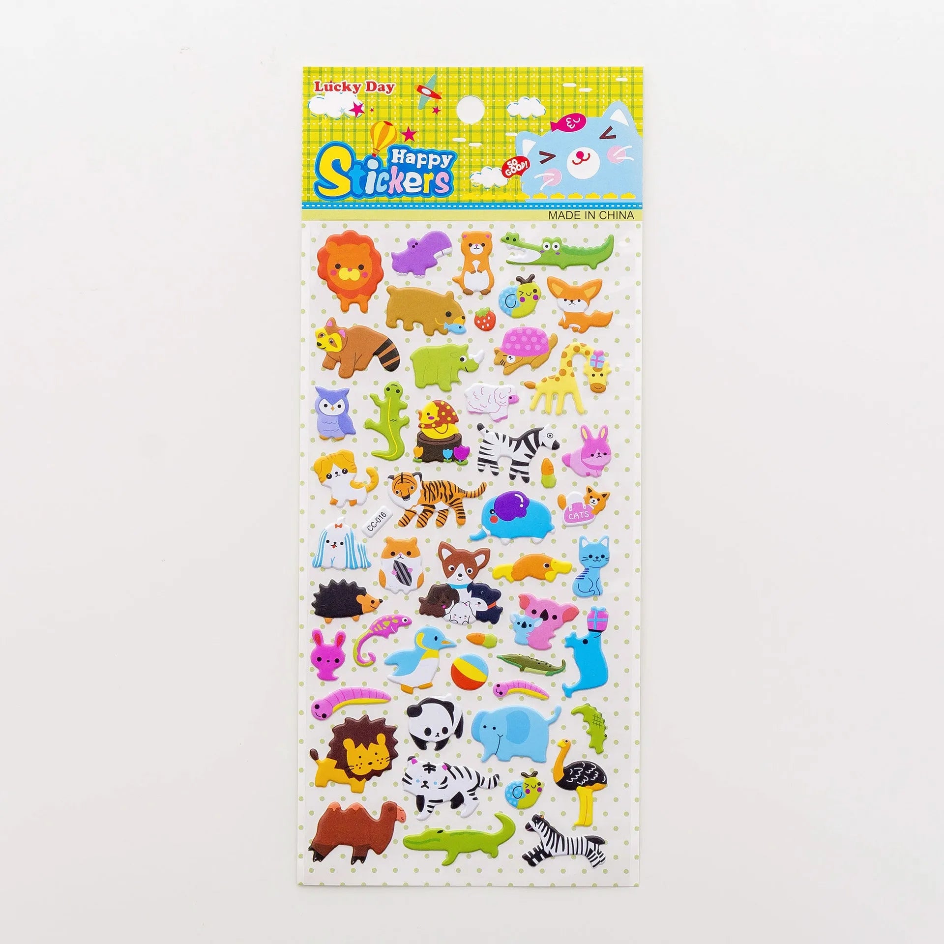 Pack of colourful 3D bubble stickers showing raised cartoon designs of an alpaca, cat, dinosaur, and sweetheart motifs.