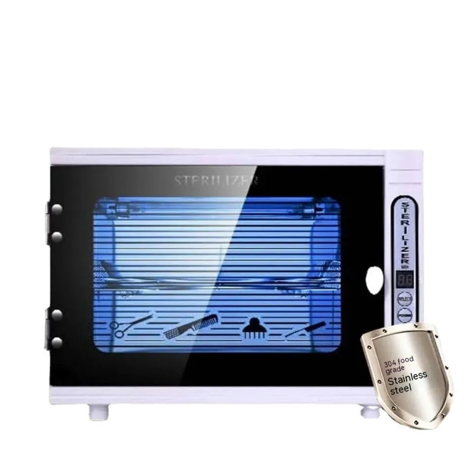 Small silver ultraviolet steriliser unit with a colour plate shell and stainless steel interior for salon tool disinfection.