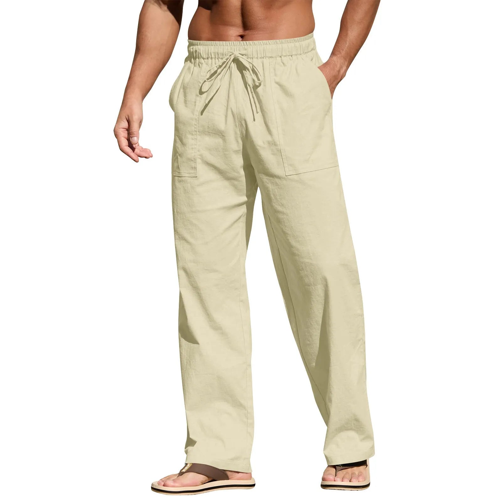 Men's straight-leg casual trousers in a cotton linen blend with a drawstring elastic waist.