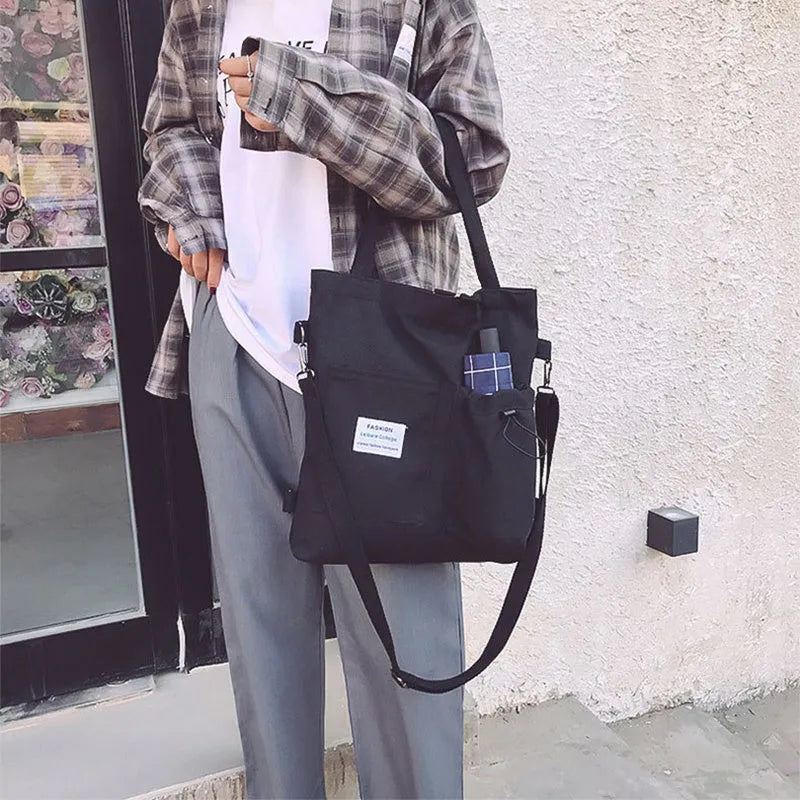Canvas backpack for women students with pockets Harajuku style shoulder bag