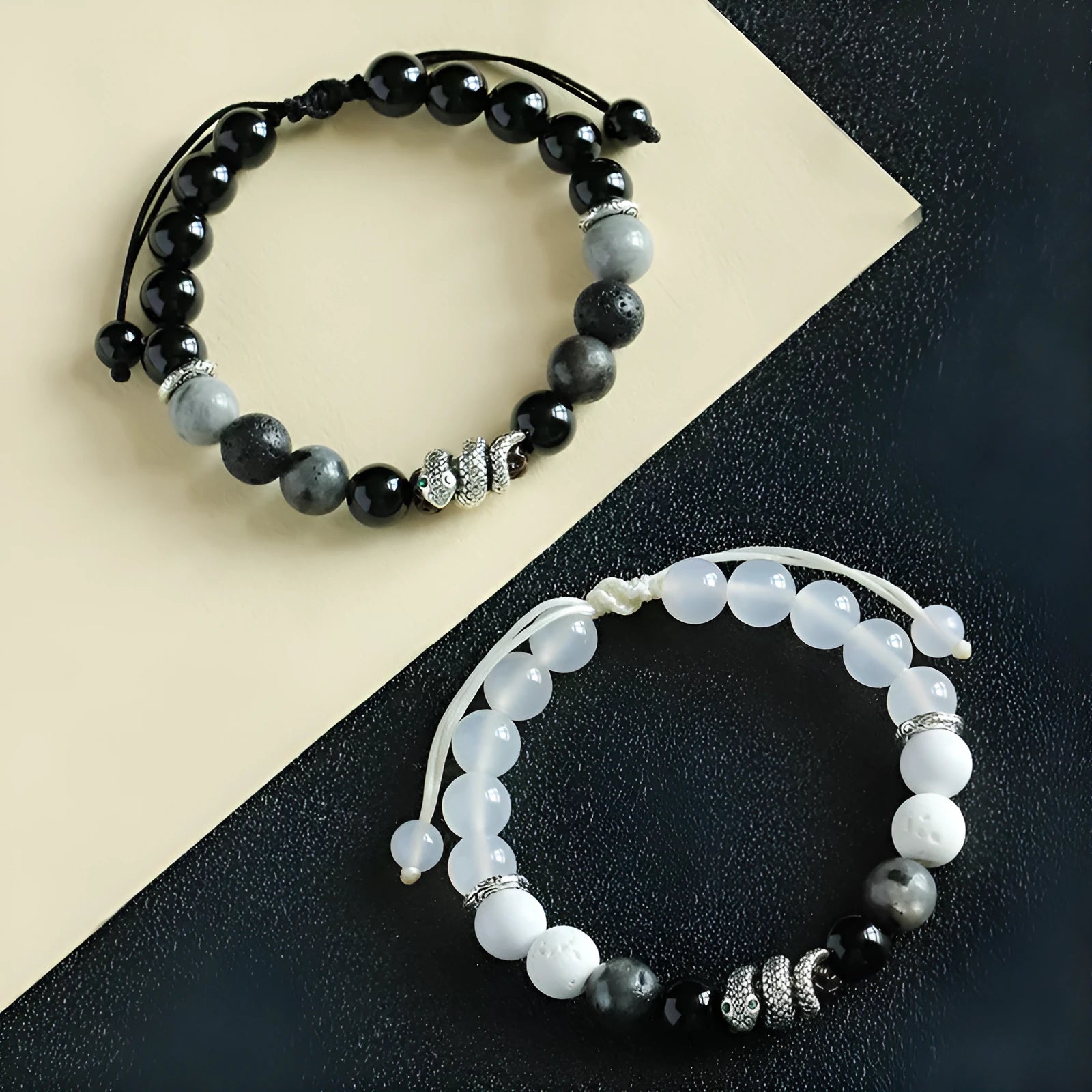 Black and white agate couple bracelets with blessing snake design and handcrafted manual processing