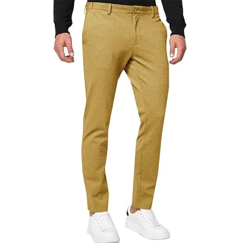 Men's slim-fit tapered chino trousers in a cotton-blend fabric, shown in solid colour options.
