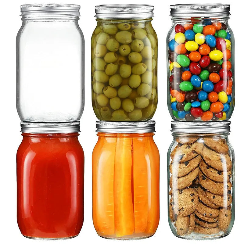 Six transparent 32oz glass storage bottles with airtight wide mouth and glossy finish