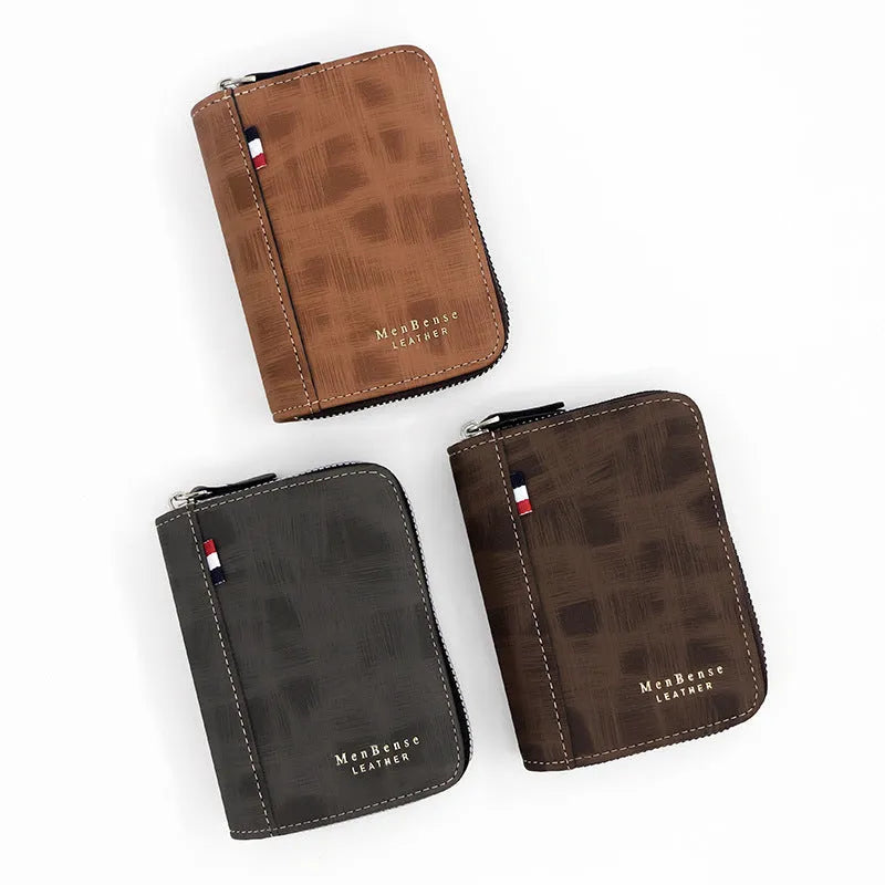 Men's retro short clutch wallet in polyurethane leather with synthetic leather lining, square vertical shape, six colour options