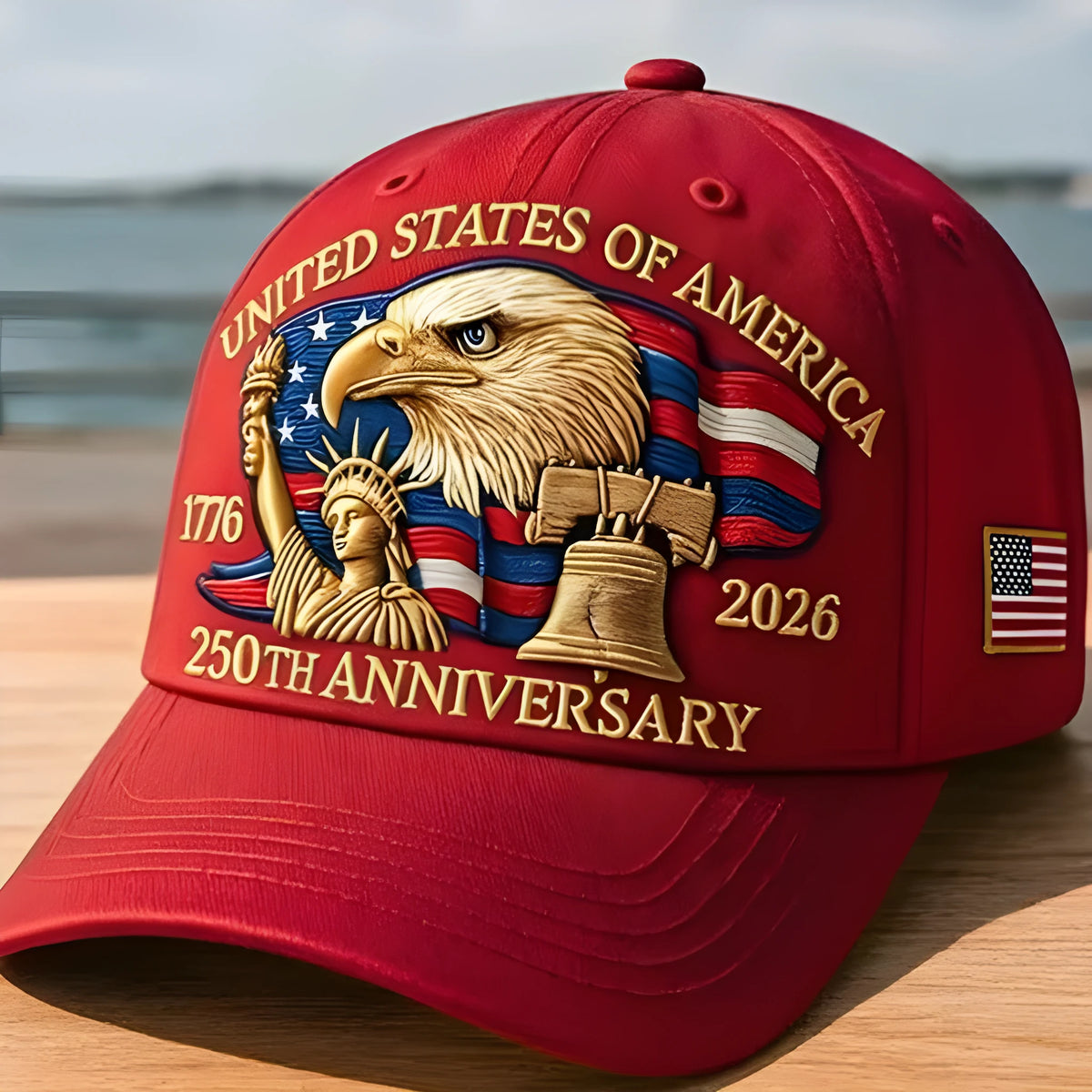 Machine-embroidered American eagle head on a cotton dome crown baseball cap in 250th anniversary colours