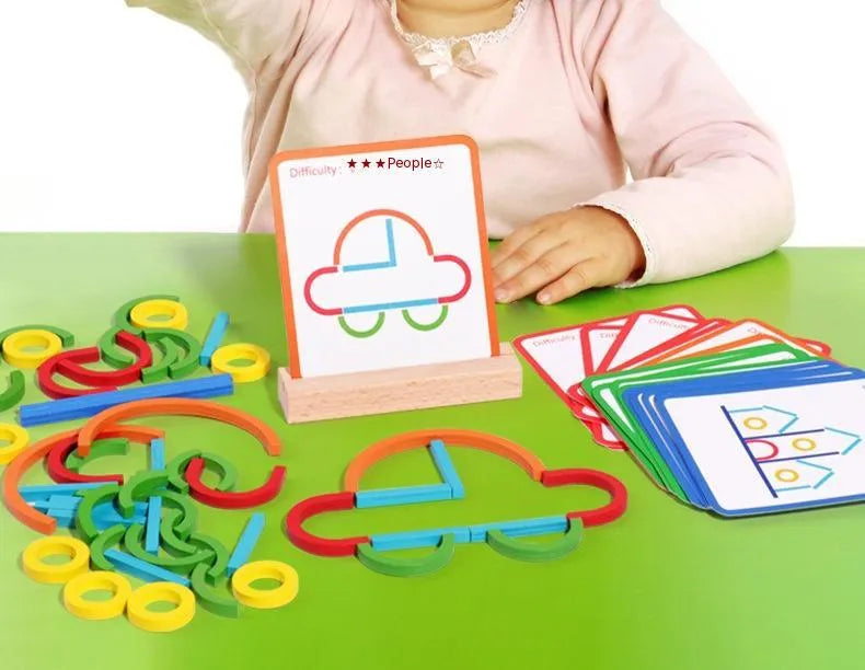 Children's wooden thinking training puzzle with creative stick and ring pieces on illustrated board, colour box packaging