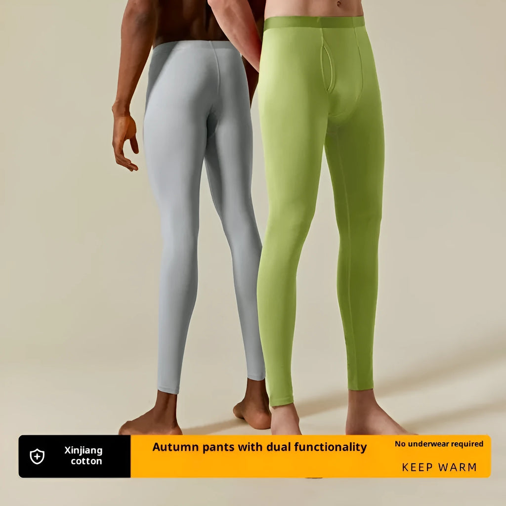 Men's seamless thermal cotton leggings in Olive Green single-layer solid colour anti-static antibacterial warm base layer