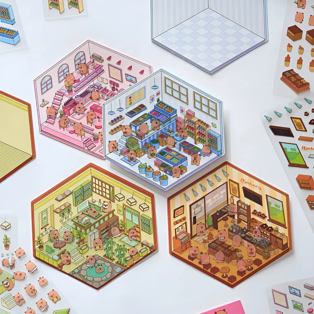 Sheet of pre-cut three-dimensional cartoon landscaping stickers for hand accounting, showing bakery, flower shop, and bookstore designs.