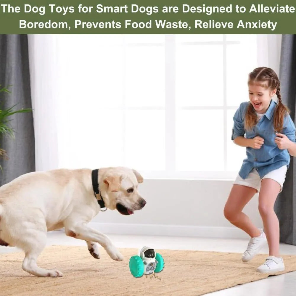 Self-balancing dog treat dispenser puzzle toy with robot design in multiple colours