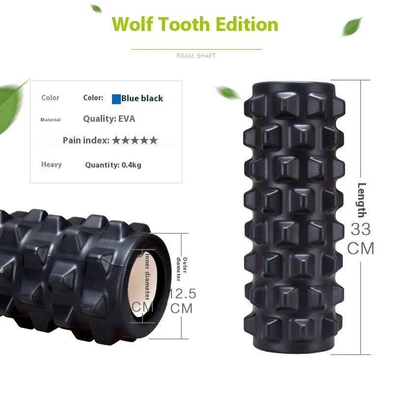 Black 33cm fitness foam roller and massage stick set on a grey background.