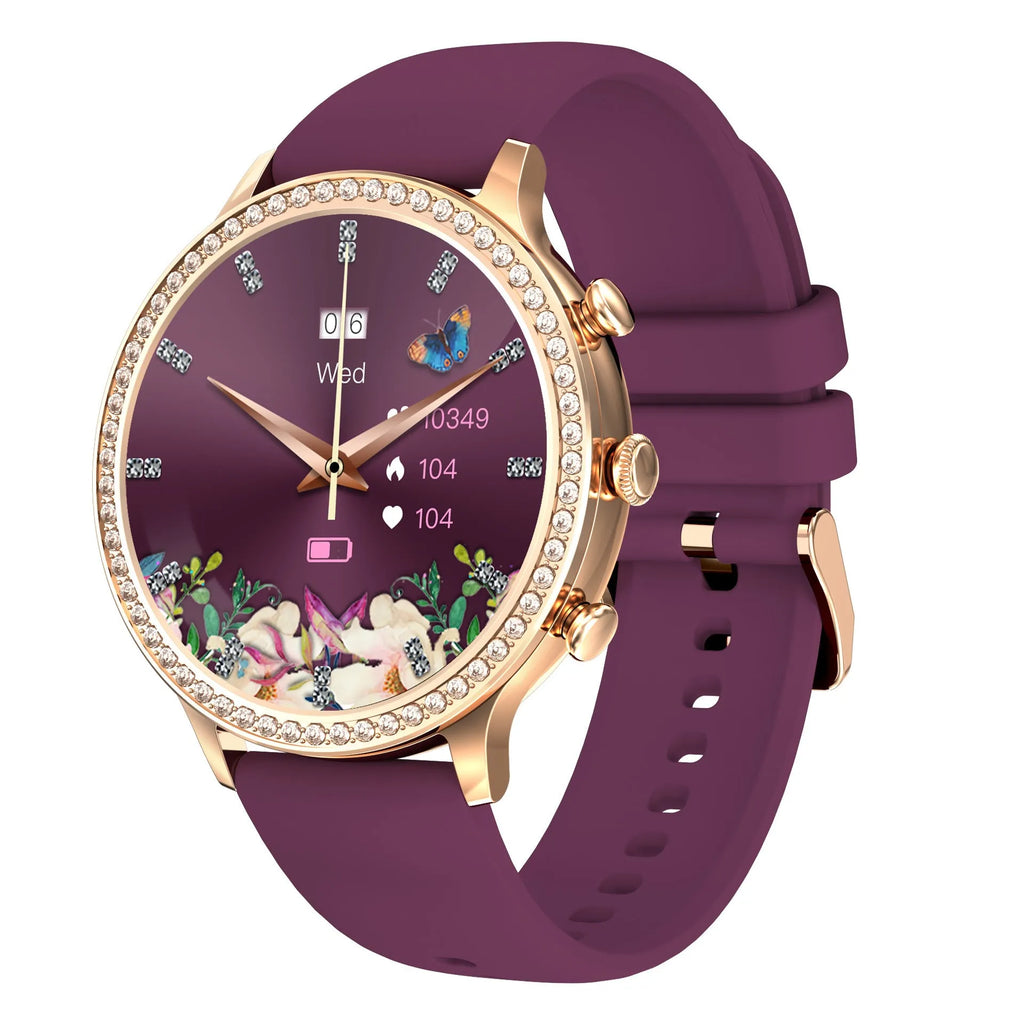 Women's Bluetooth smart silicone watch with aluminium case in gold, silver, pink, purple, or green colours.