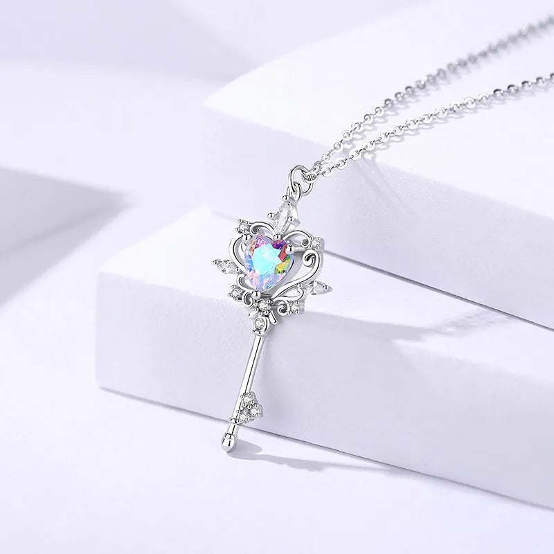 S925 sterling silver guard key necklace with zircon inlay on cross chain, blue colour option