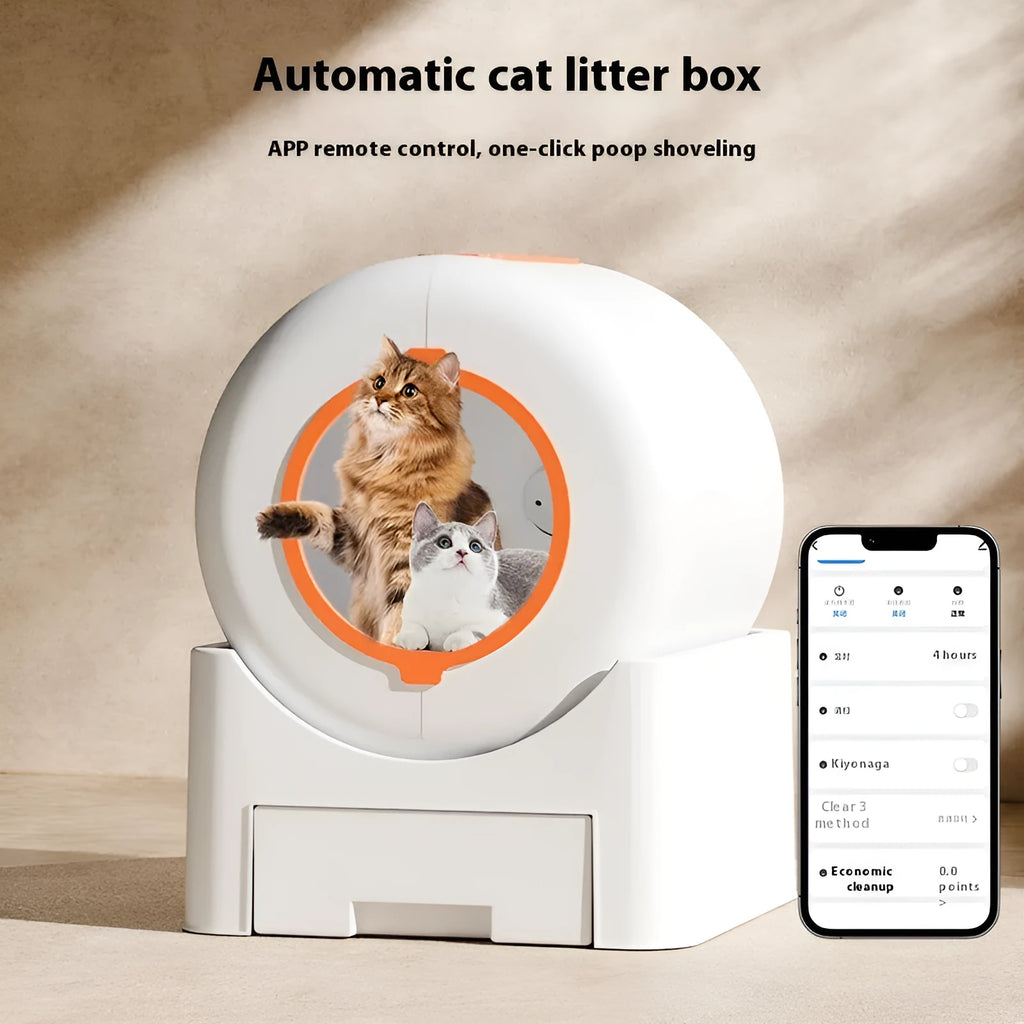 White PVC intelligent self-cleaning litter box with enclosed anti-splash design and deodorant function for cats