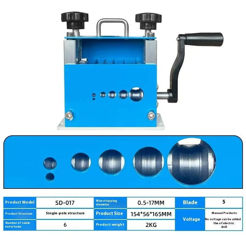 SD-017 manual wire stripping machine tool on a workbench, showing adjustment for cable diameter.