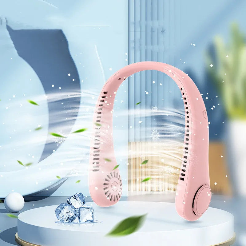 White rechargeable bladeless neck fan hanging around a person's neck showing its hands-free design