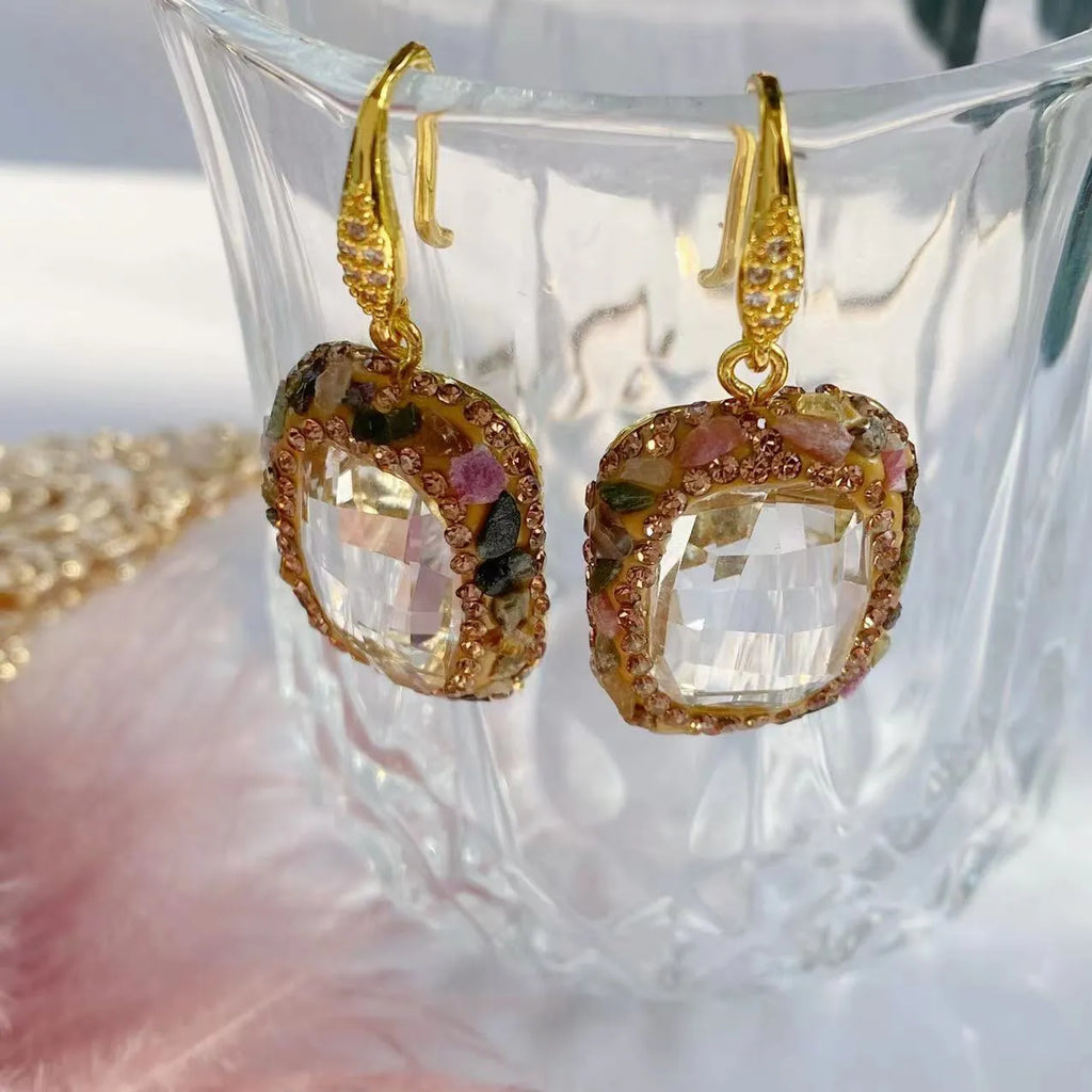 Crystal personality yet elegant earrings for women, geometric alloy with pure natural stone row drilling, stud and hook styles