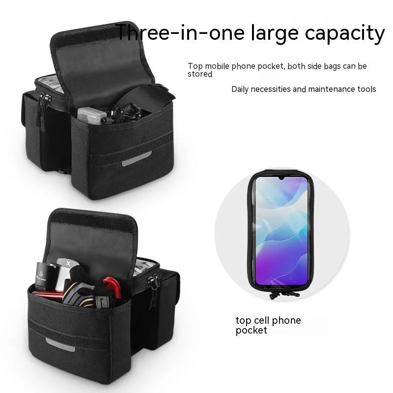 Black and grey bilateral tube touch screen saddle bag with 2L capacity mounted on bicycle