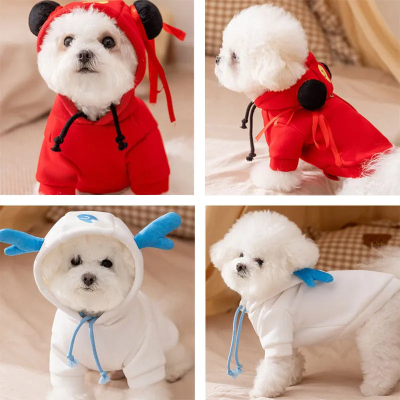 Red Nezha style pet hoodie with black meatball decorations and yellow badge on a small dog
