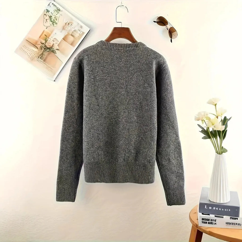 Dark grey women's polyester cardigan sweater with long sleeves and button front.