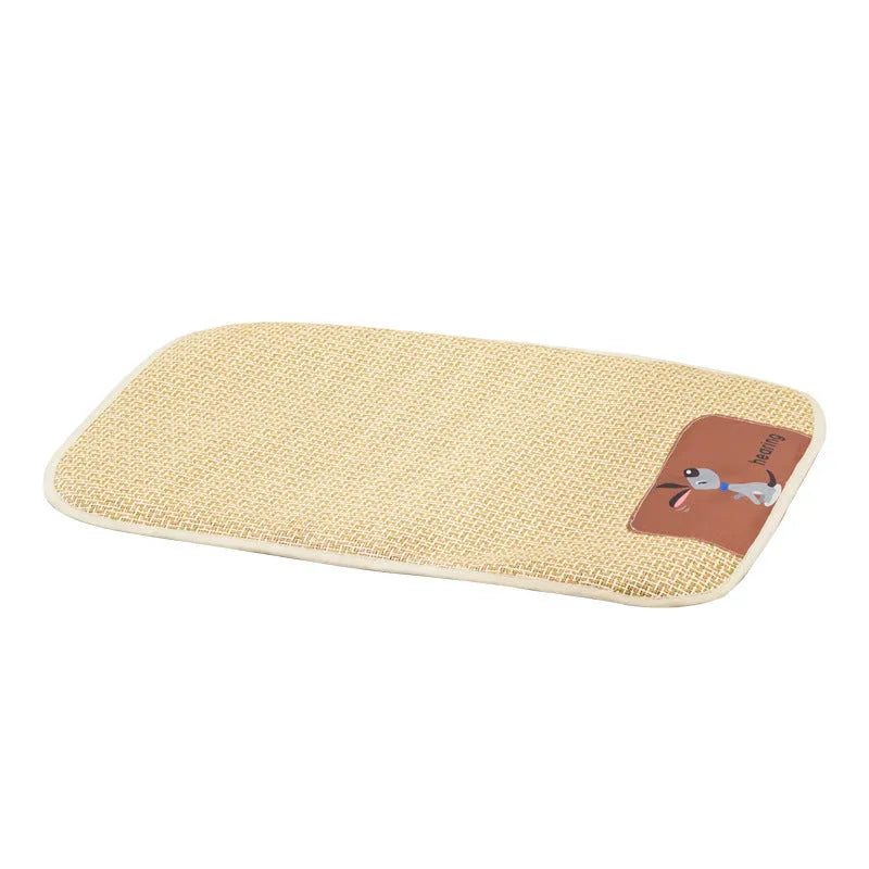 Beige woven cooling mat for cats and dogs on a wooden floor, showing size M