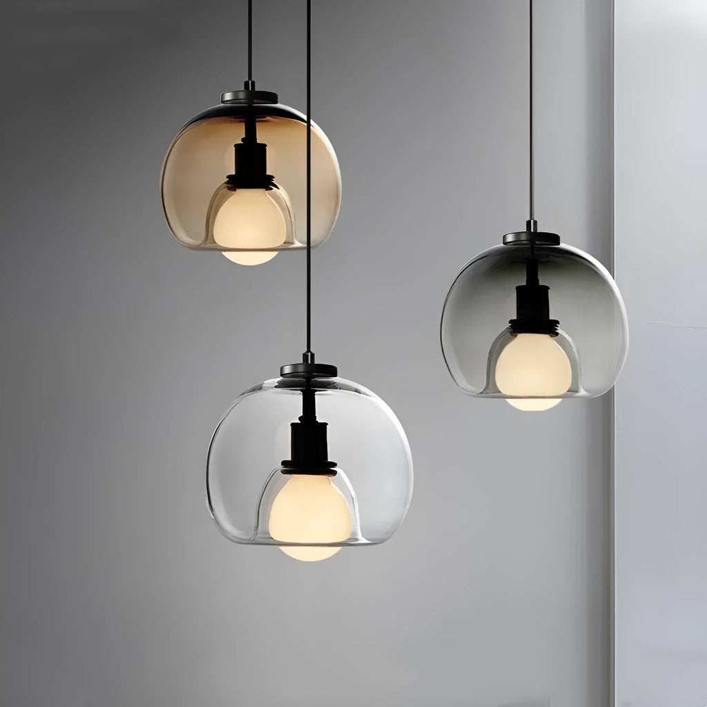 Modern minimalist glass chandelier with smoky gray shade and three-head long platter, suitable for dining room or bedroom