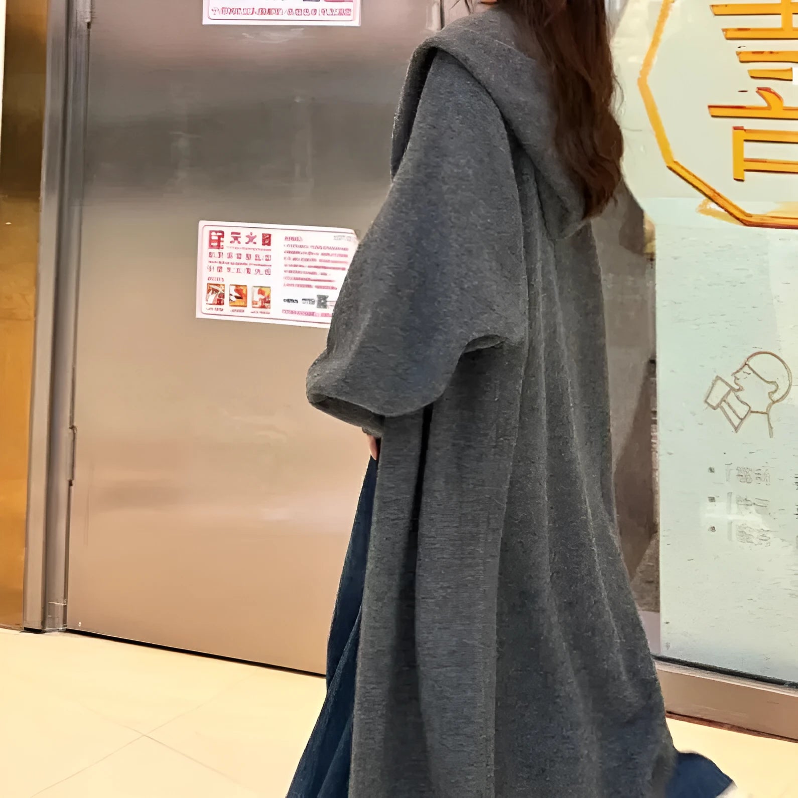 Women's long grey knitted cardigan with hood in a loose Korean-style fit