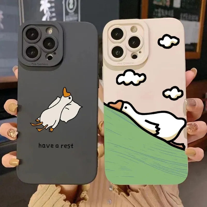 Cartoon duck design silicone iPhone case in black, white, or blue colour