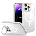 Transparent acrylic phone case with metal invisible frame bracket and magnetic suction for iPhone showing bracket deployed
