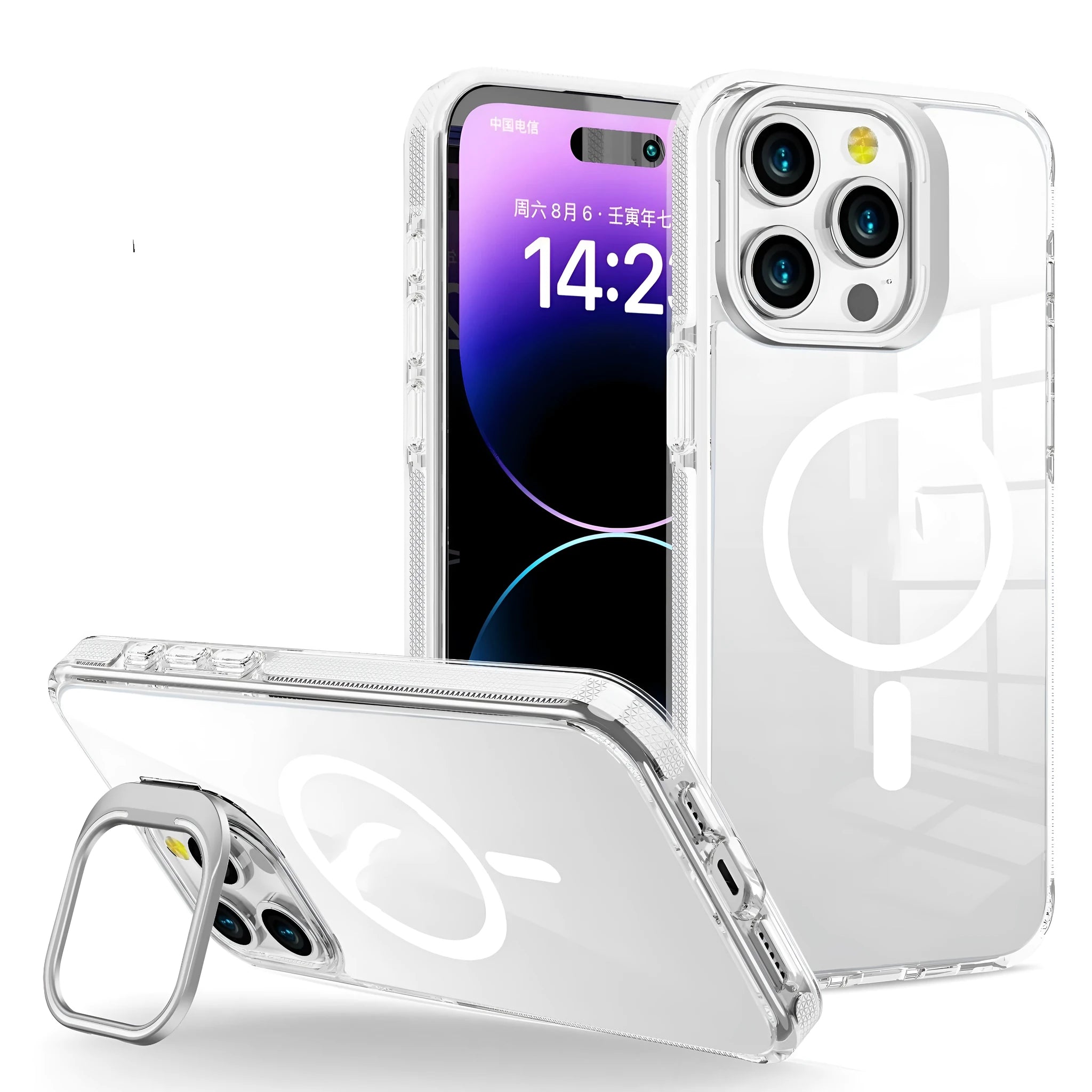 Transparent acrylic phone case with metal invisible frame bracket and magnetic suction for iPhone showing bracket deployed