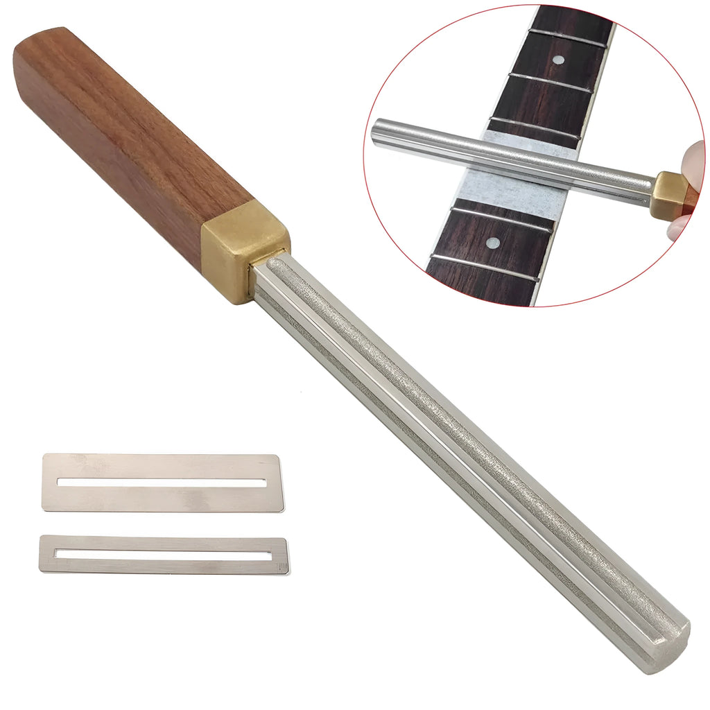Square guitar fret edge file with 1mm 2mm 3mm 4mm slot gauges, carbon steel diamond grit body and wooden handle