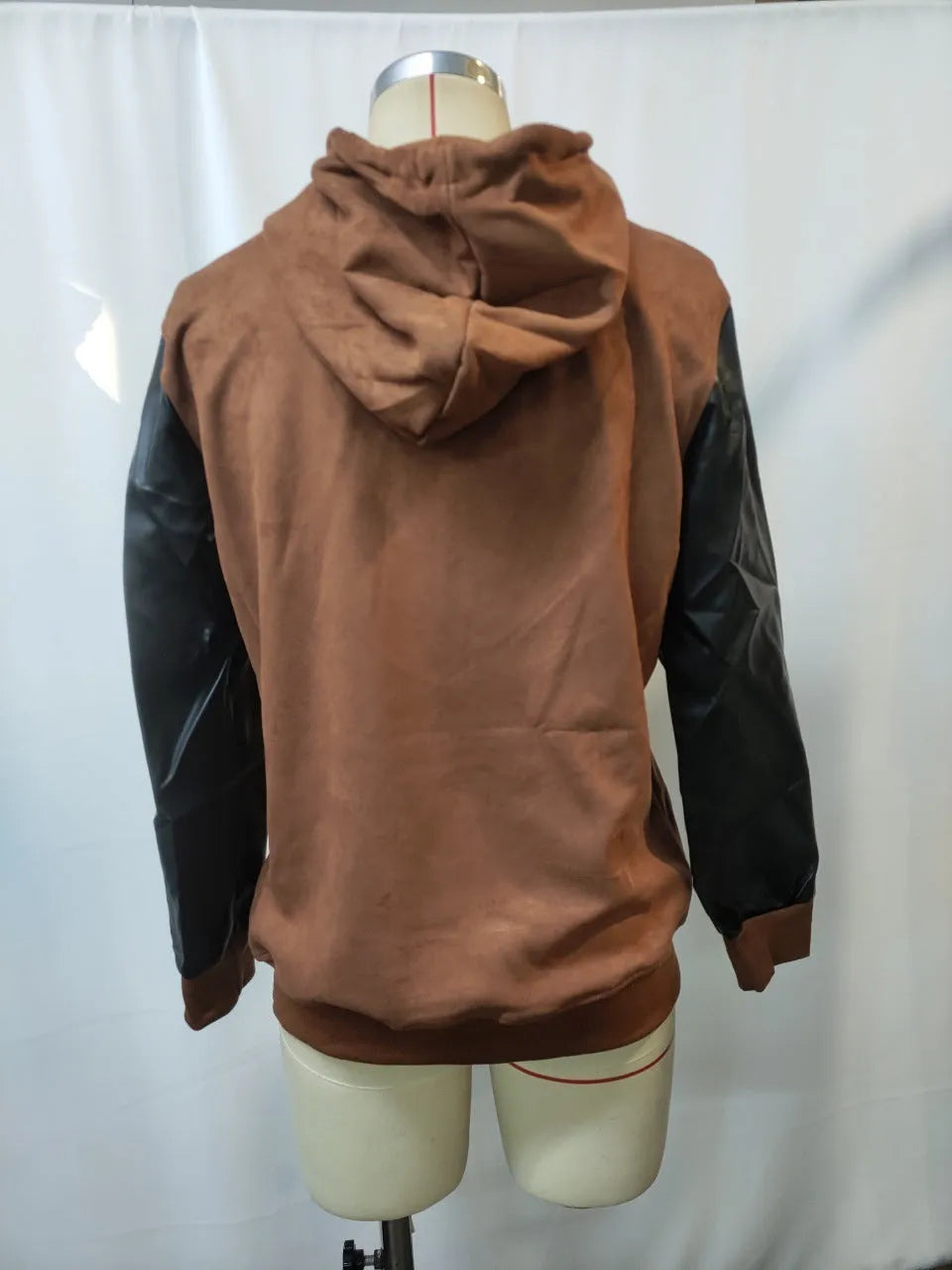 Men's retro brown hooded sweatshirt with decorative perforated detail, thin suede-style pullover, long sleeves, sizes S to XXXL