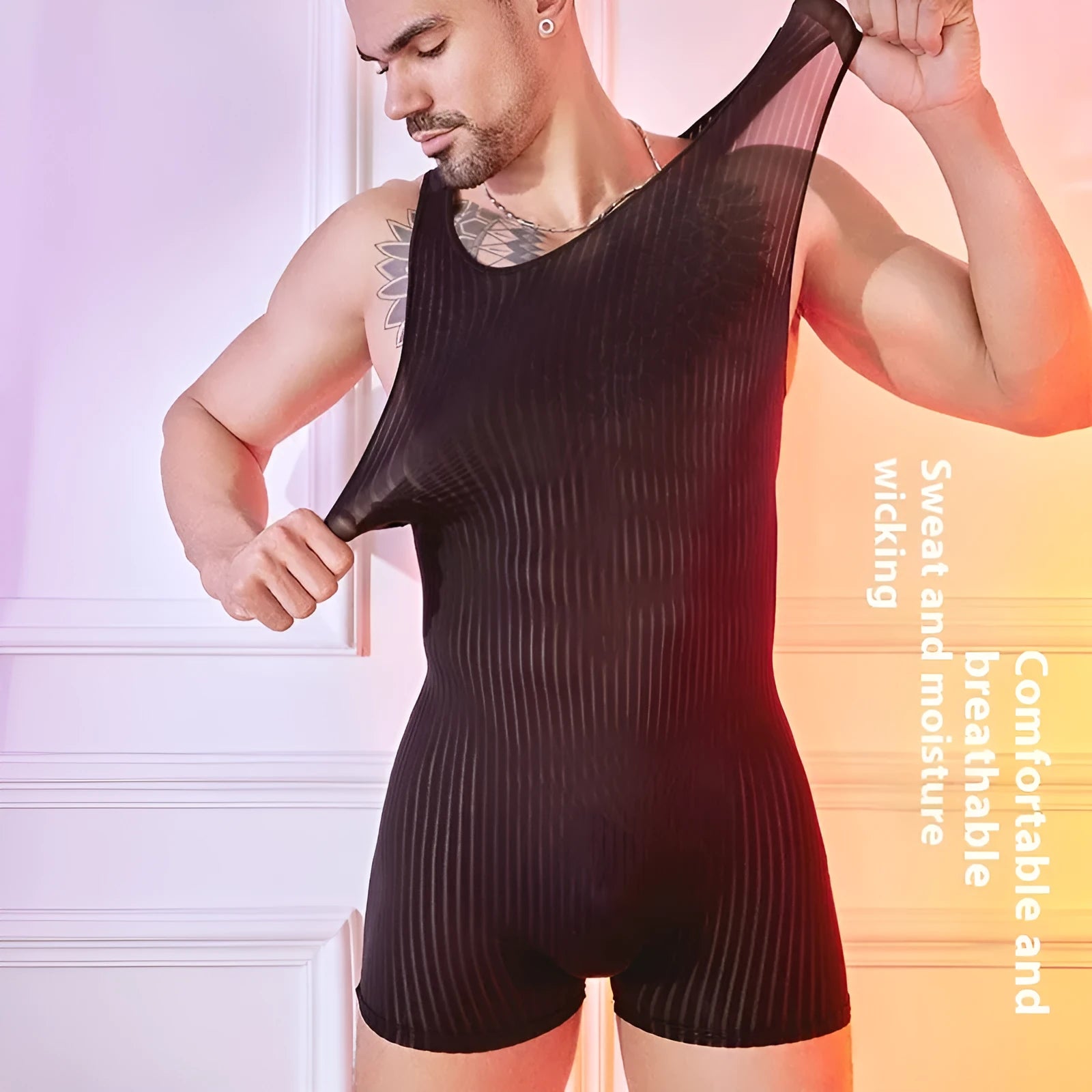 Men's lightweight striped nylon jumpsuit shown in black, dark grey, and white colour options.